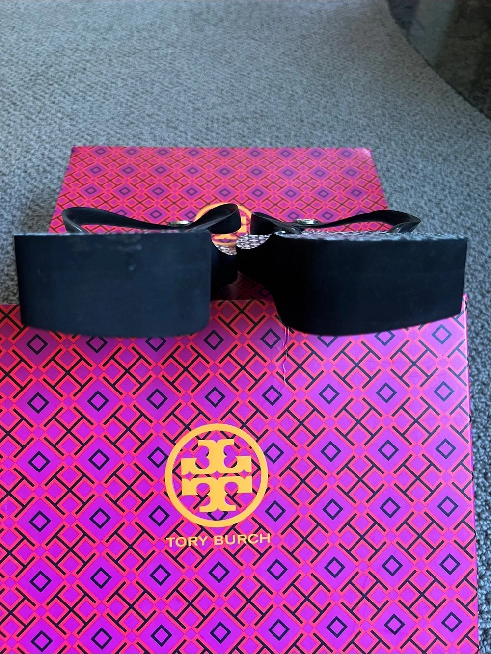Tory Burch Black Flip Flop Sandals with Silver Emblem w/ Elevated Heel